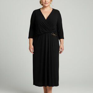 Classic Black Cocktail Party Dress Deep V-Neck Long Sleeve Size 16